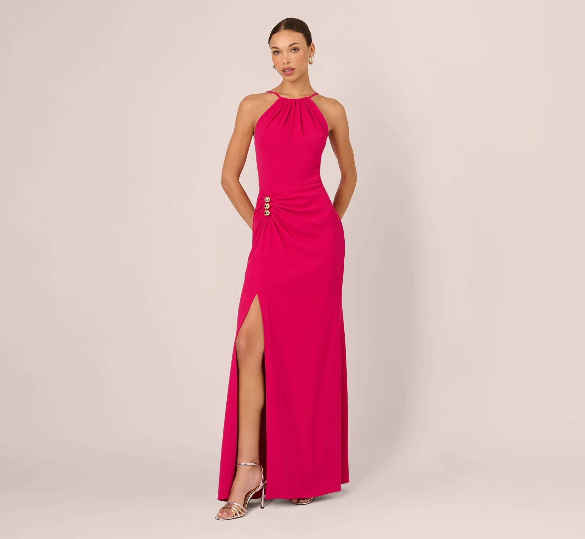 Gathered Stretch Crepe Halter Gown In Bright Rose