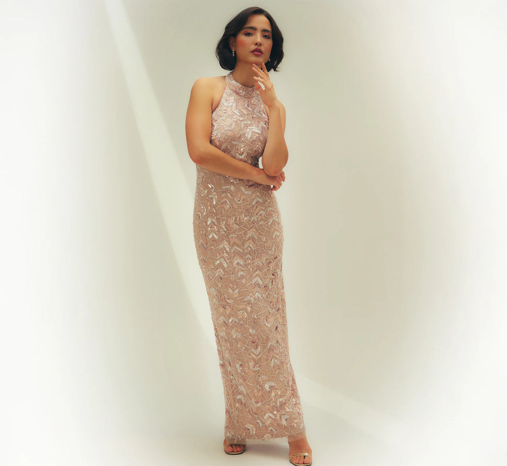 Sequin Beaded Leaf Halter Gown In Rose Quartz