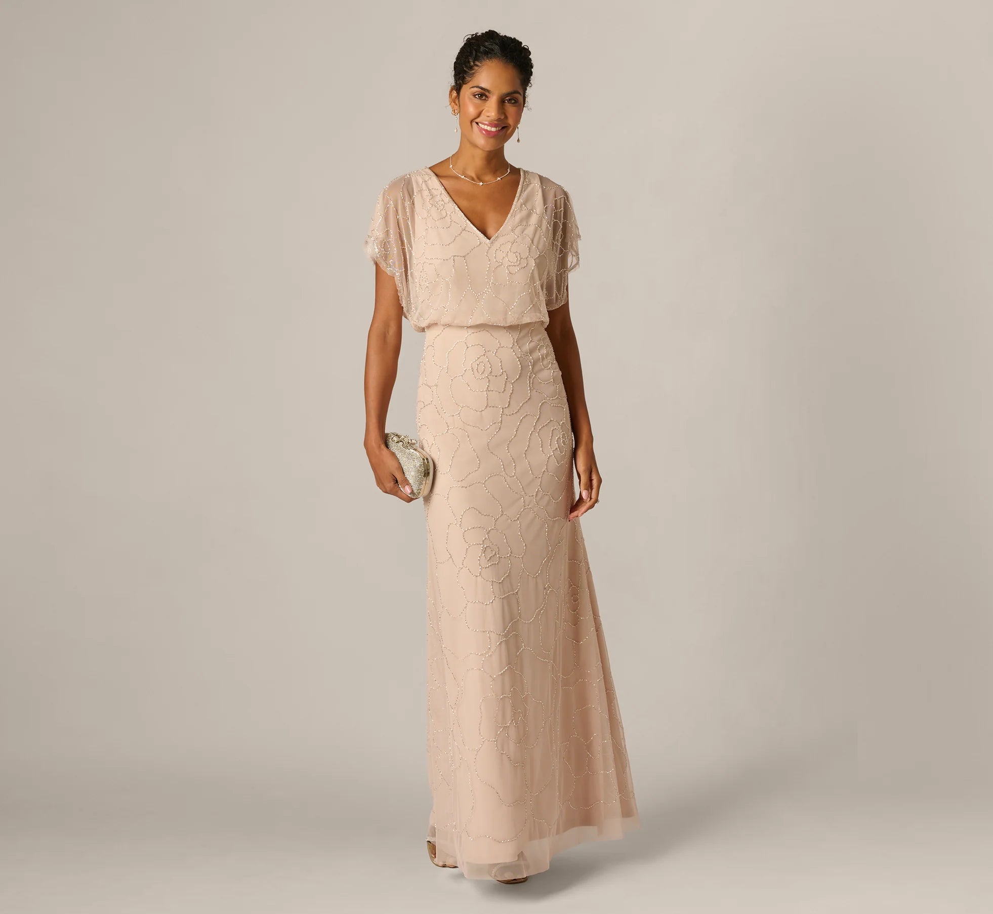 Short Sleeve Blouson Rose Floral Beaded Gown In Shell