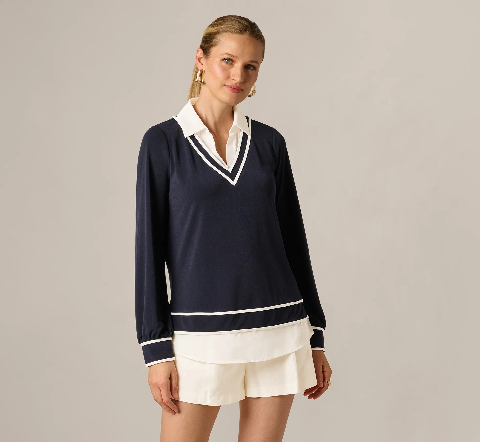 Long Sleeve Collared Twofer Tipped Sweater In Navy Ivory W  Ivory