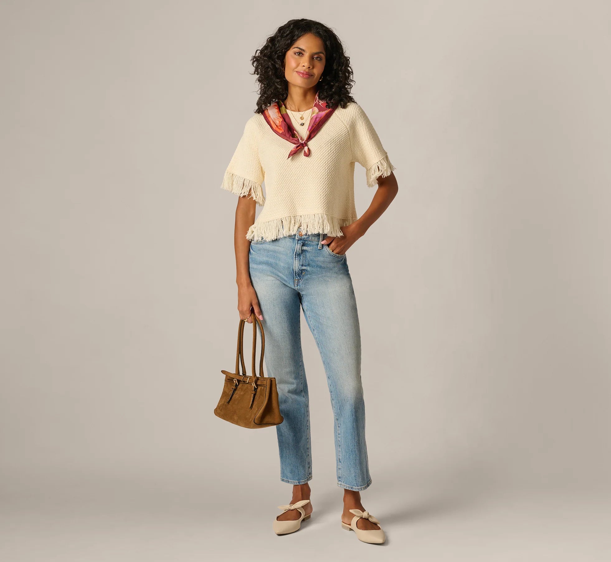 Short Sleeve Textured Knit Raglan Fringe Sweater In Cream