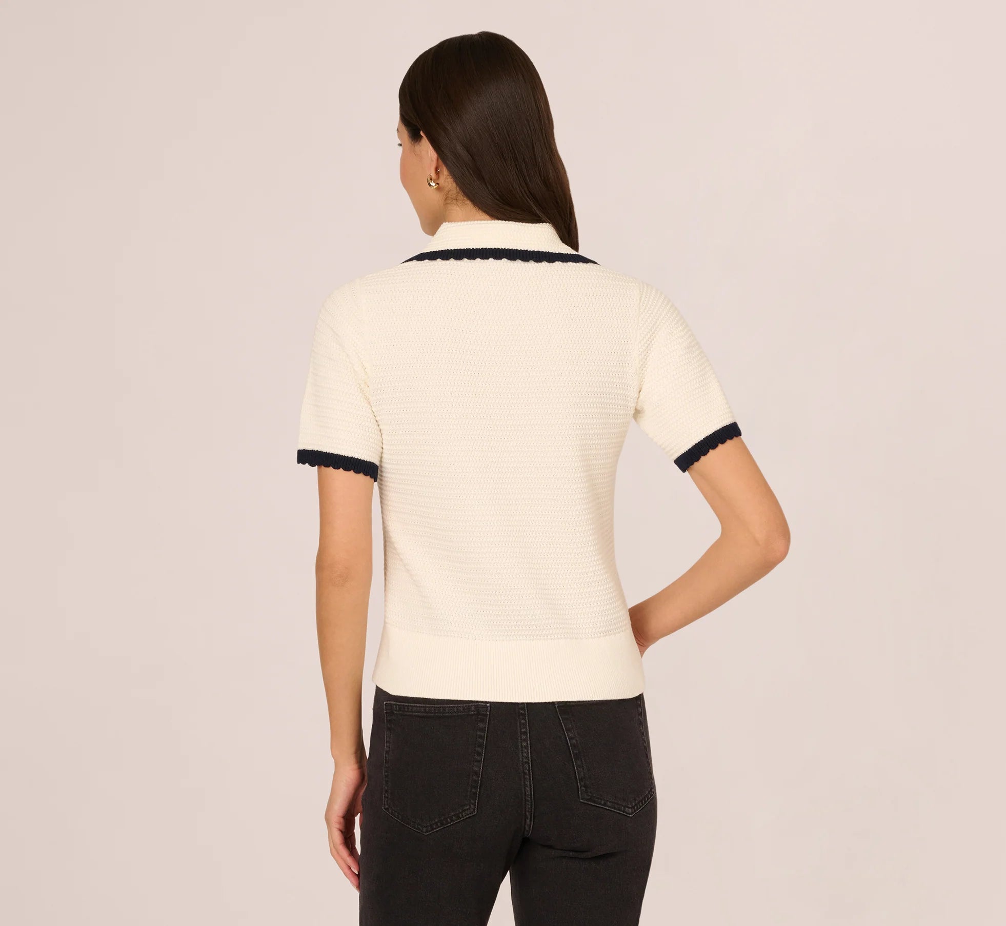 Short Sleeve Collared Cotton Crochet Top In Ivory Blue Moon