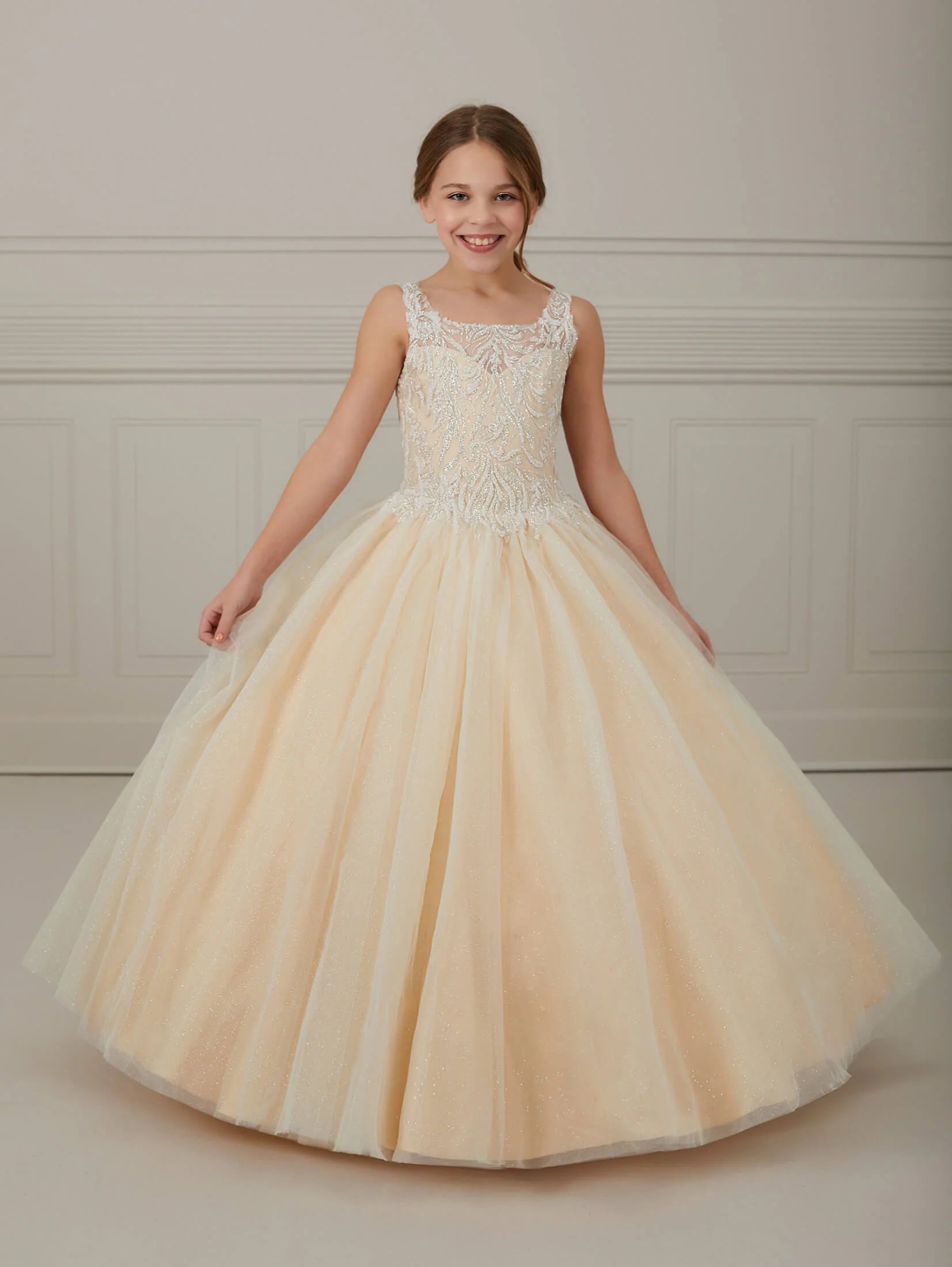 Glitter Floral and Layered Tulle A-Line Gown