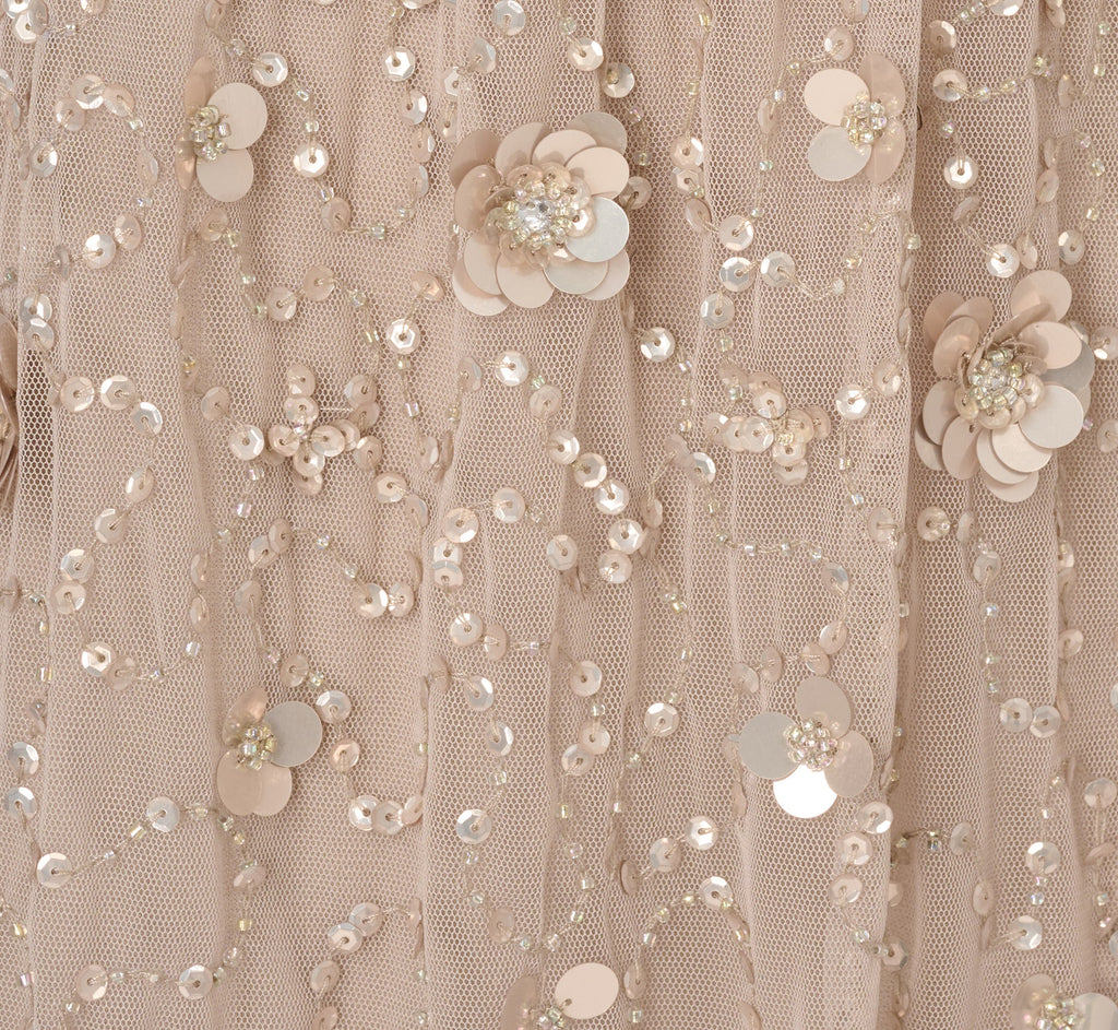 Cap Sleeve Beaded Sequin Floral Gown In Marble