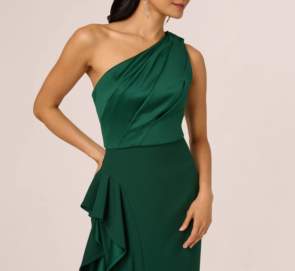 One-Shoulder Long Satin Crepe Mermaid Gown In Deep Forest