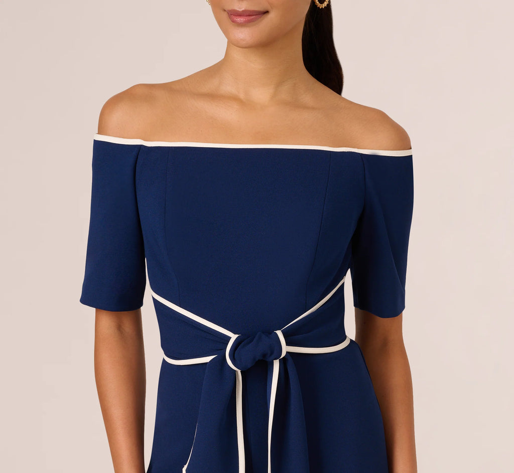 Knit Crepe Off-The-Shoulder Jumpsuit In Navy Sateen Ivory