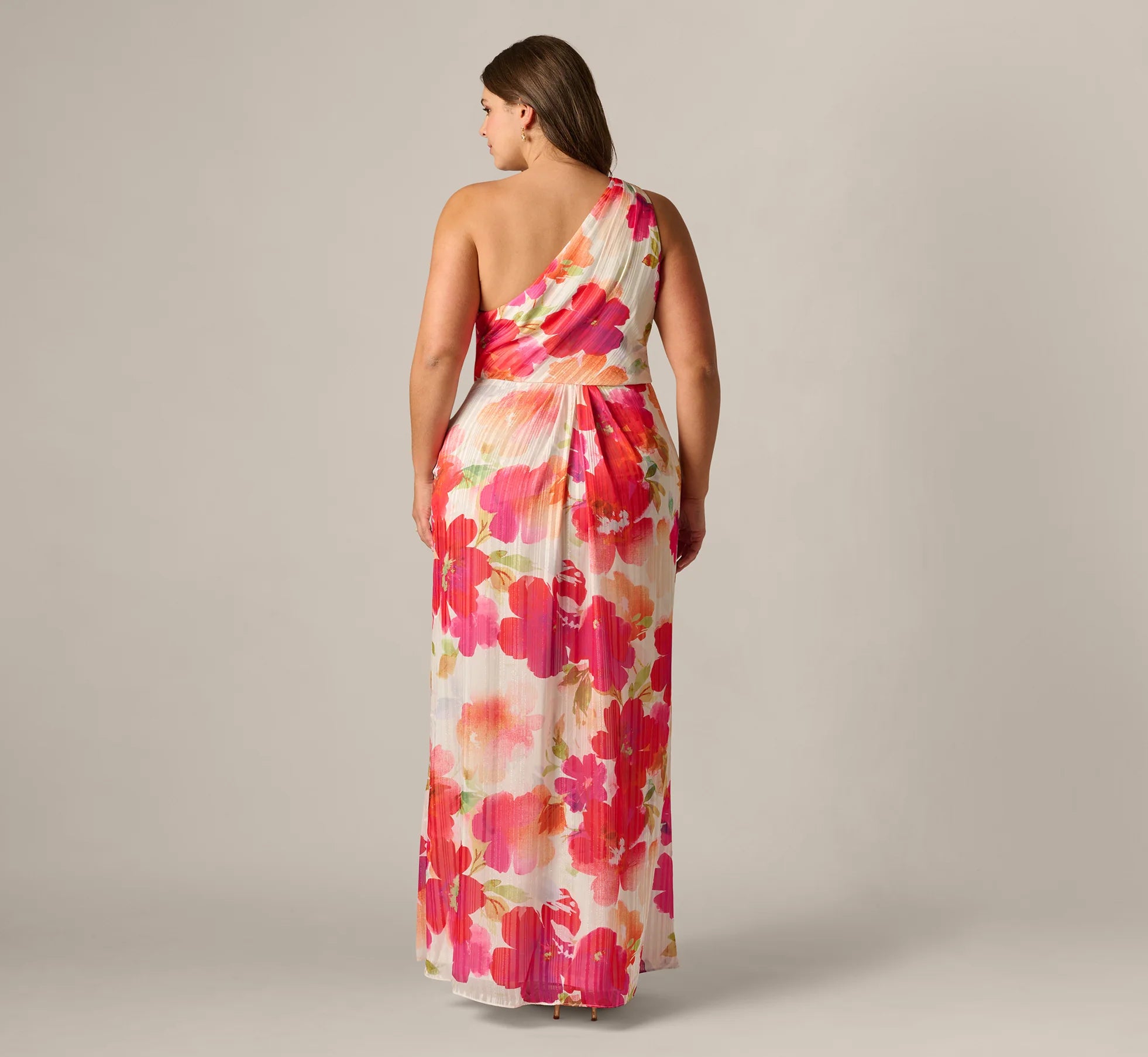 Plus Size One Shoulder Watercolor Floral Stripe Gown In Ivory Pink Multi