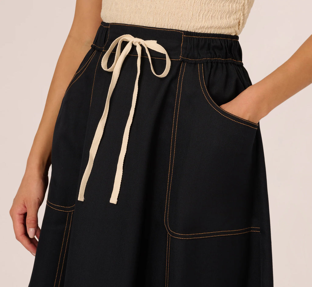 Contrast Stitching Drawstring Midi Skirt In Navy Khaki