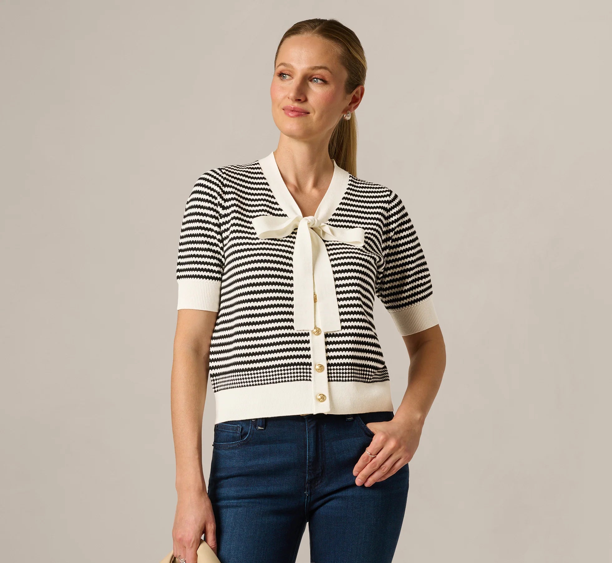 Short Sleeve Tie Neck Cardigan In Ivory Black