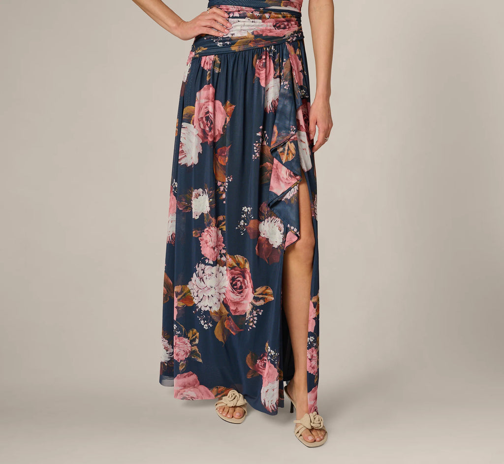 Strapless Ruched Floral Stretch Mesh Gown In Navy Multi