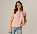 Flutter Sleeve Tie Collar Yoke Top In Rose Dust