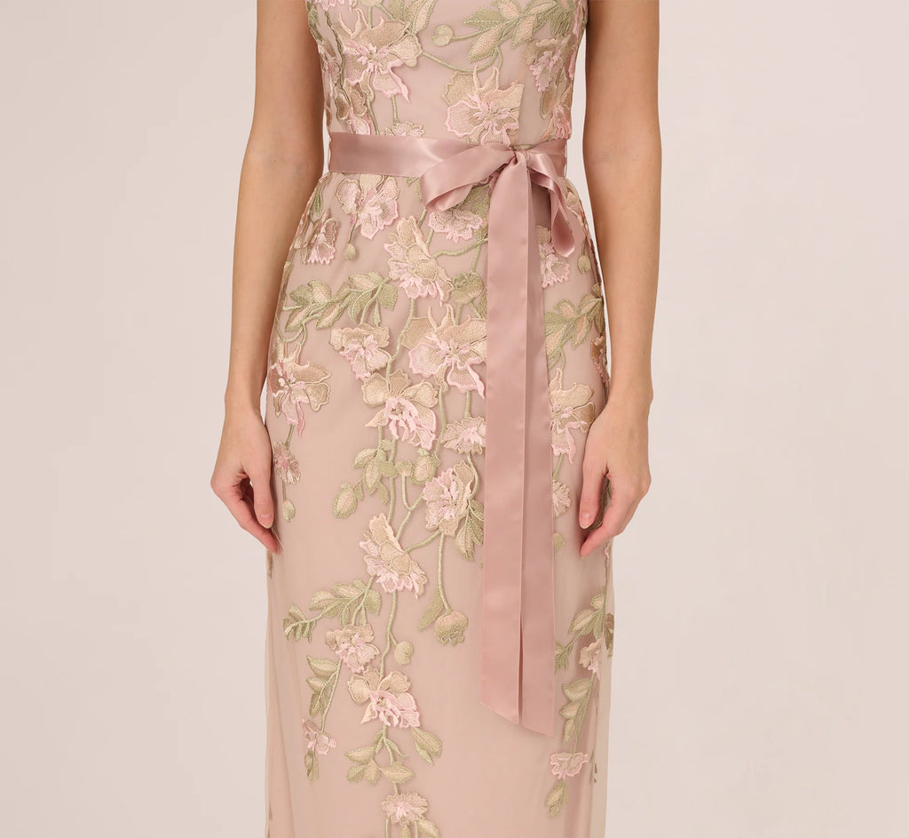 Short Sleeve Floral Embroidered Gown With Ribbon Tie Waist In Blush Nude Multi