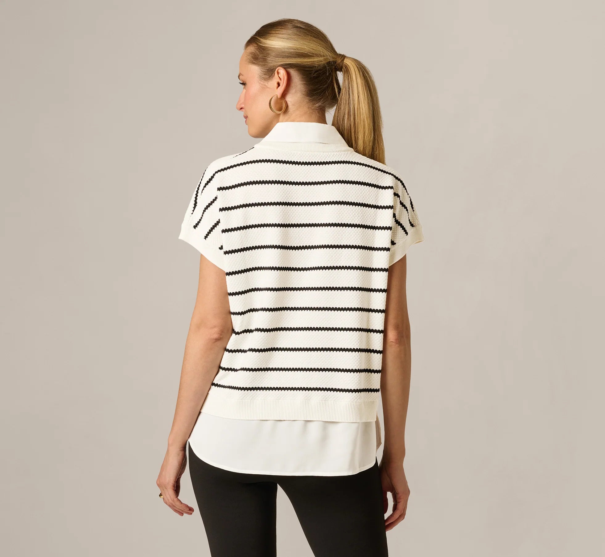 Short Sleeve Drop Shoulder Twofer Sweater In Ivory Black W  Ivory