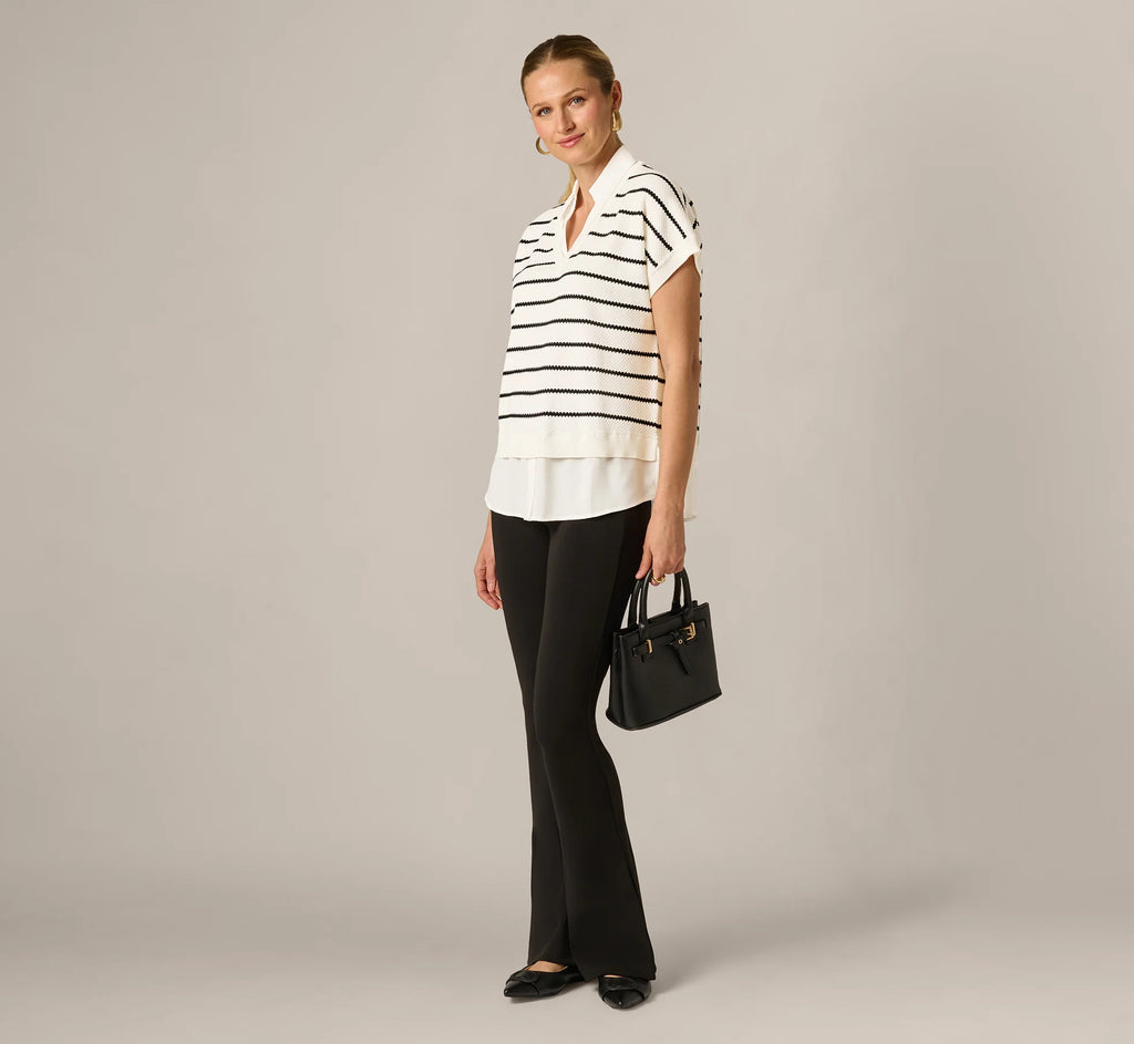 Short Sleeve Drop Shoulder Twofer Sweater In Ivory Black W  Ivory
