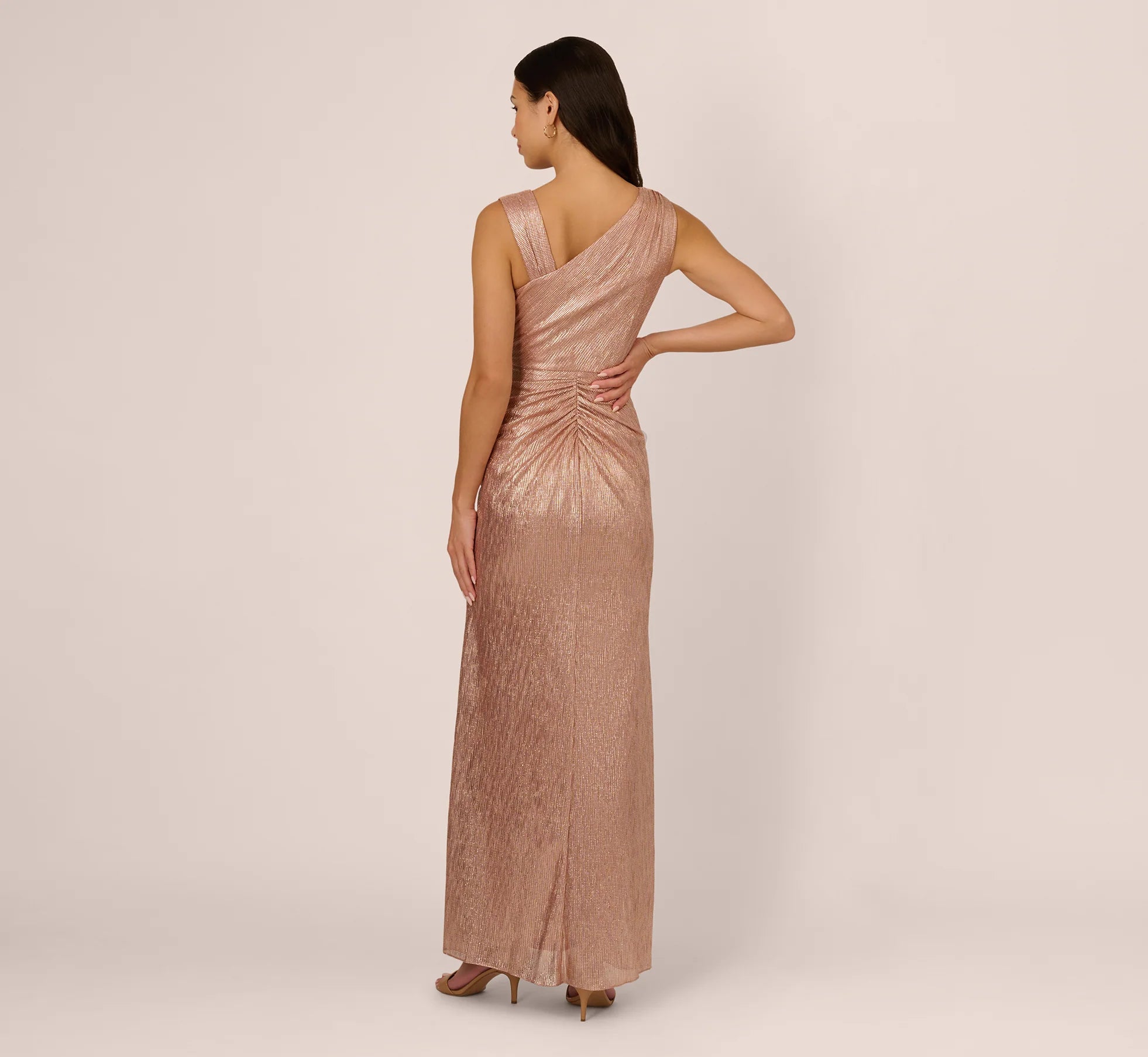Draped Metallic Foil Long Dress In Rose Gold