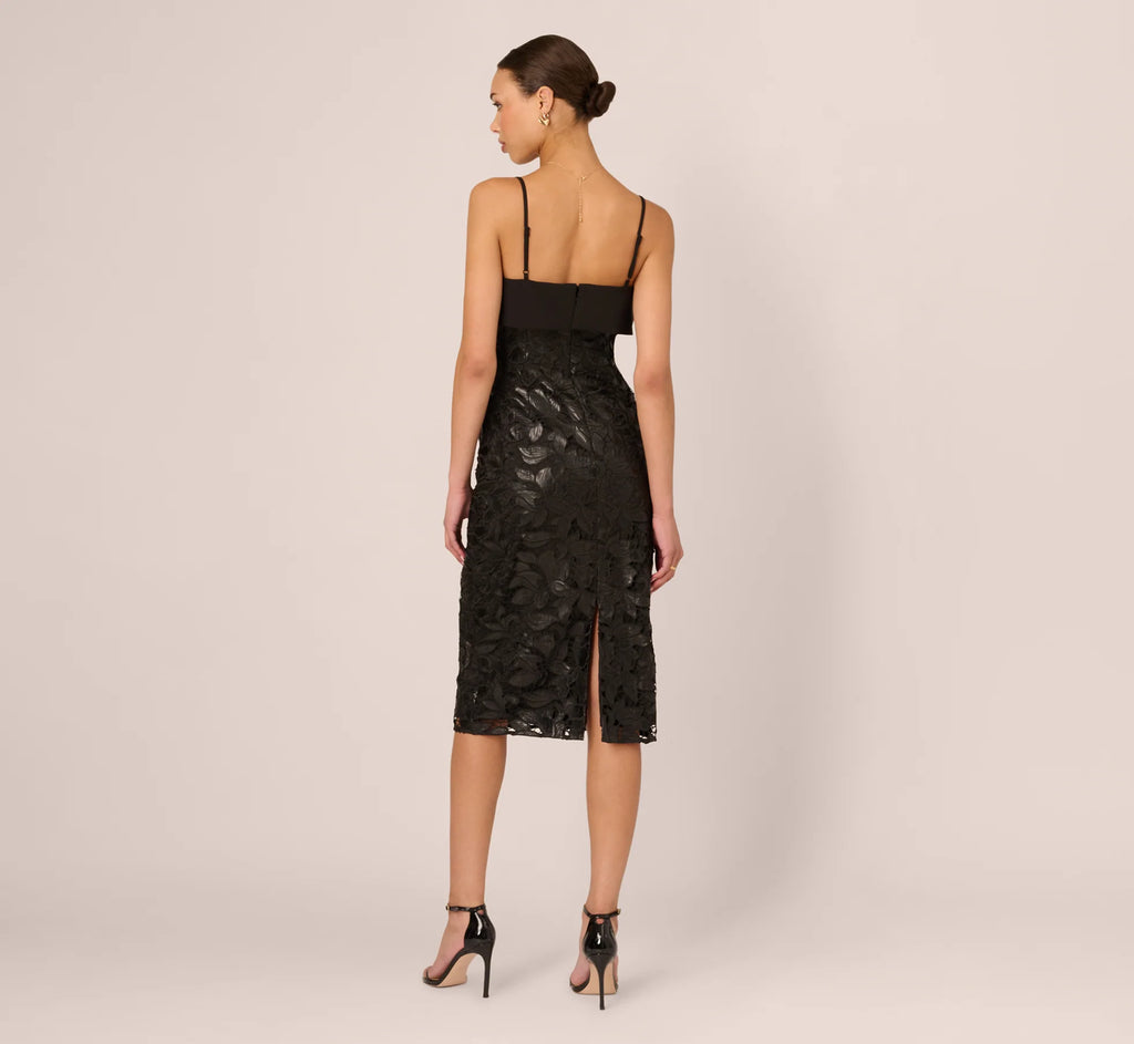 Faux Leather Cut Lace Midi Sheath Dress In Black