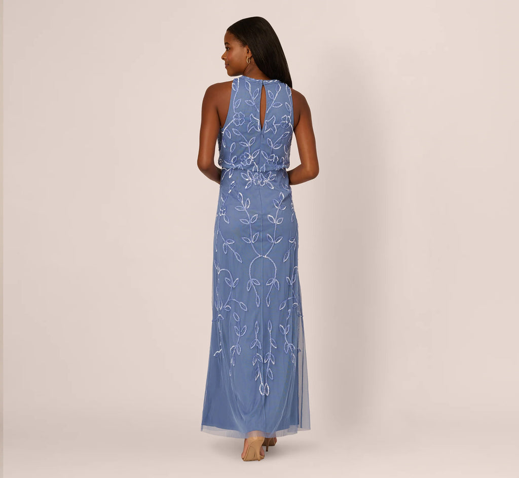 Sleeveless Blouson Mermaid Gown With Jasmine Beading In French Blue