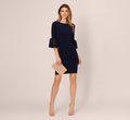 Draped Jersey Short Sheath Dress With Bell Cuffs In Midnight