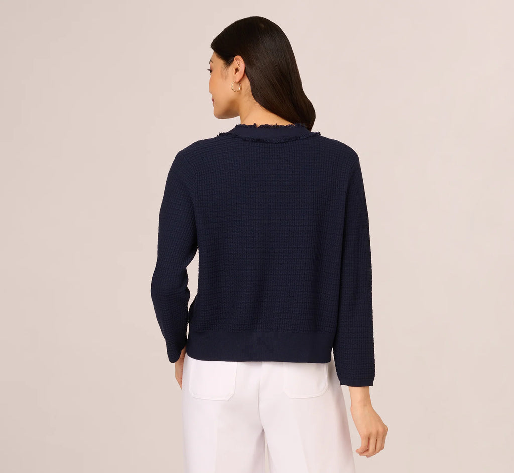 Waffle Knit Cardigan Sweater With Frayed Edges In Blue Moon