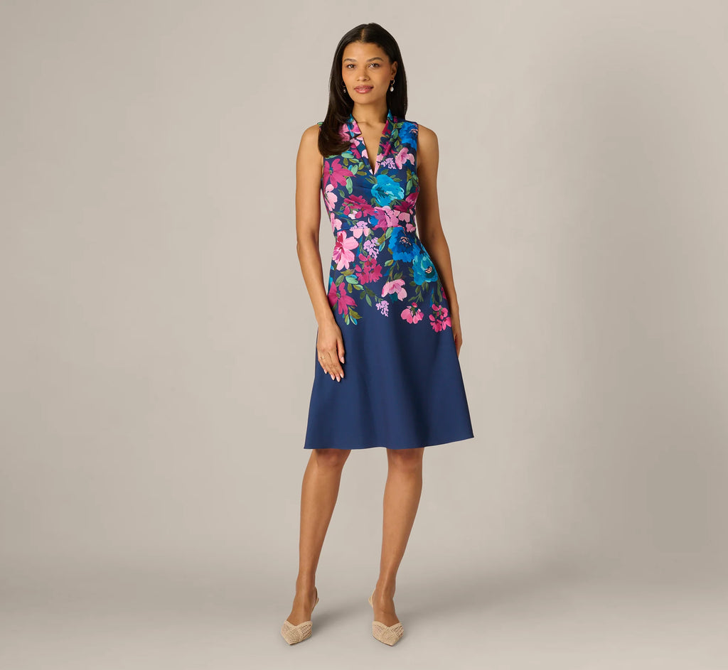 Collared Floral Border Twill Midi Dress In Navy Multi