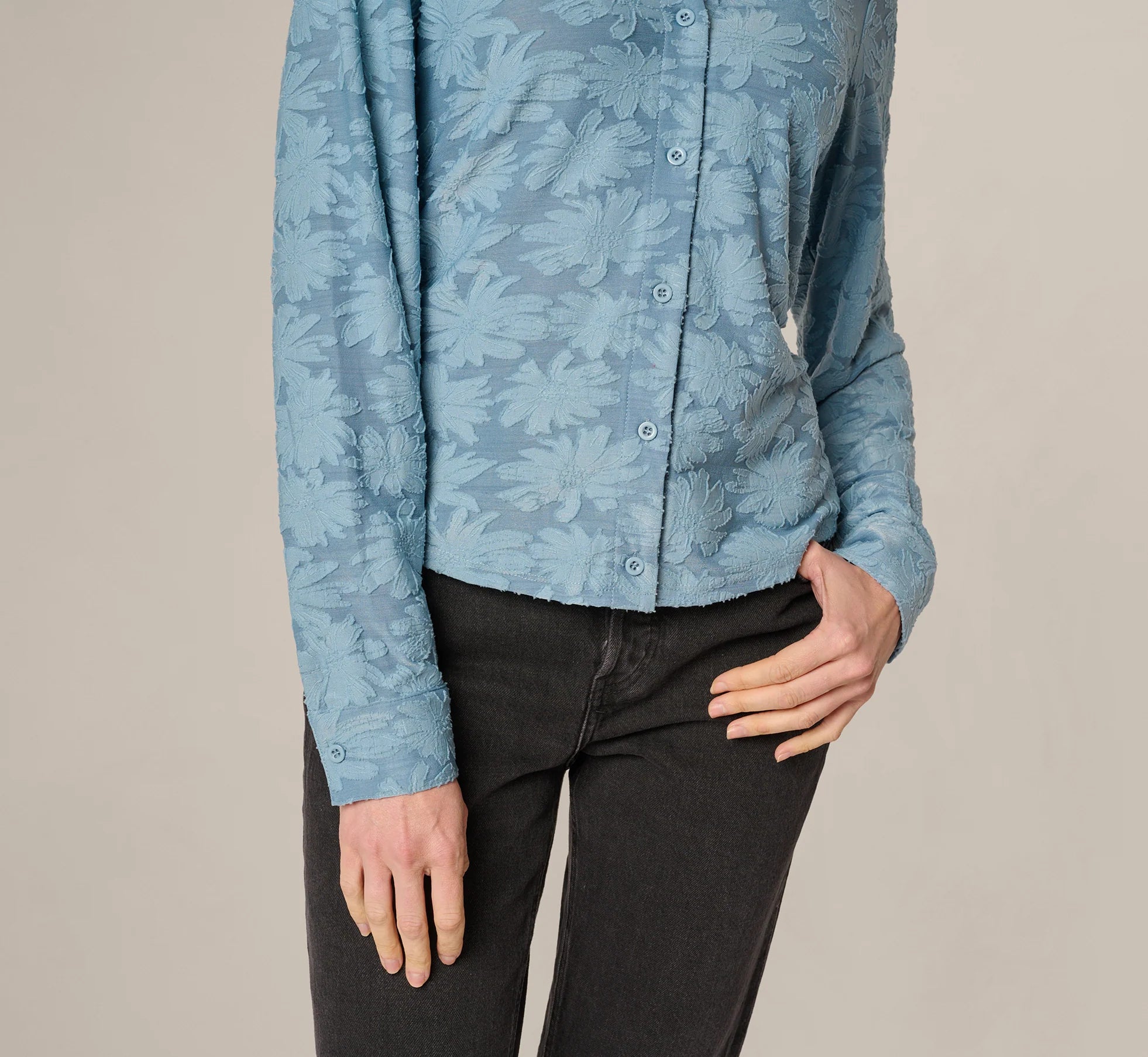 Long Sleeve Semisheer Burnout Floral Blouse In Stone Blue