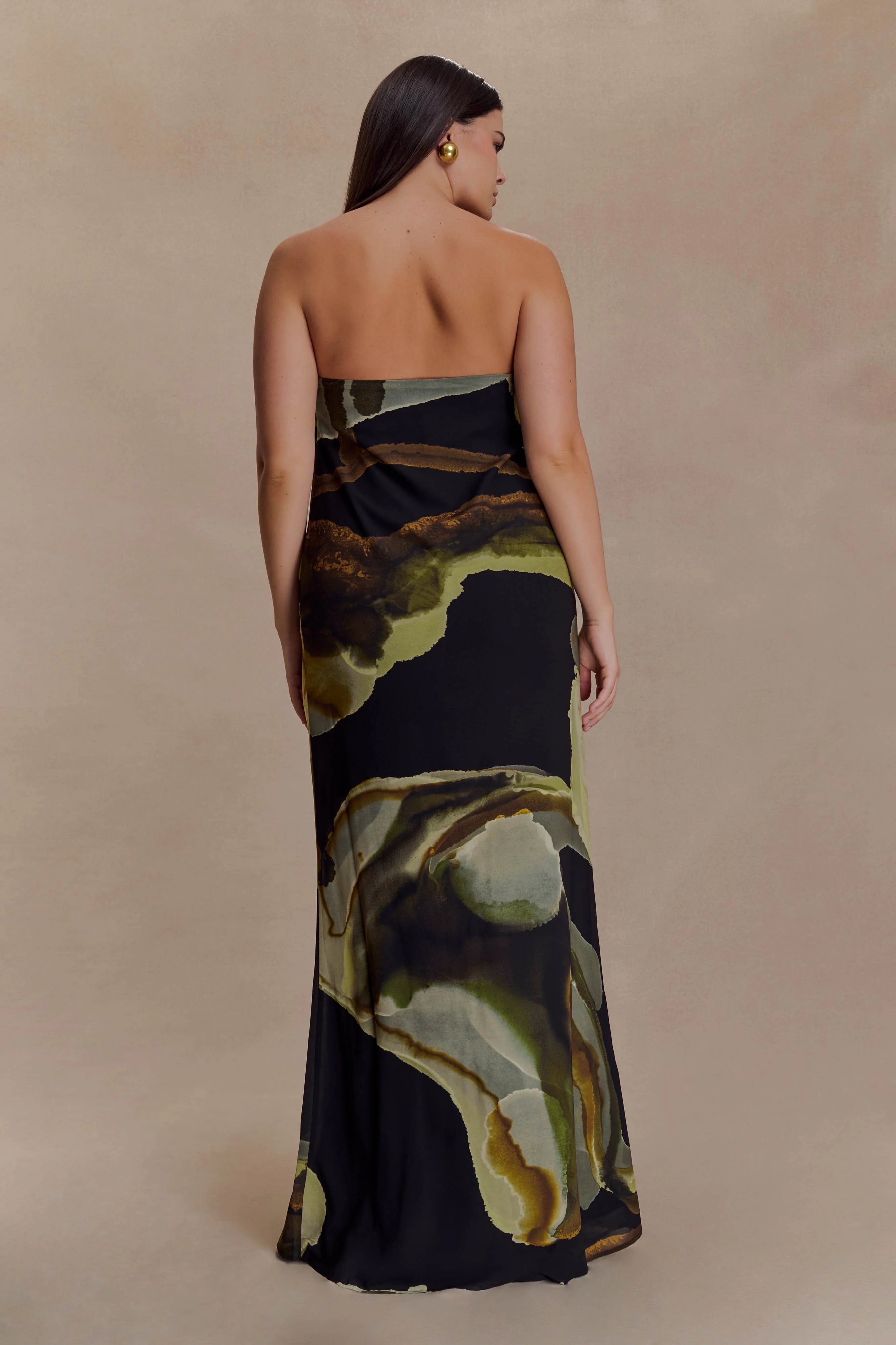 Amaya Strapless Chiffon Maxi Dress - Green Fluid Reverie Print