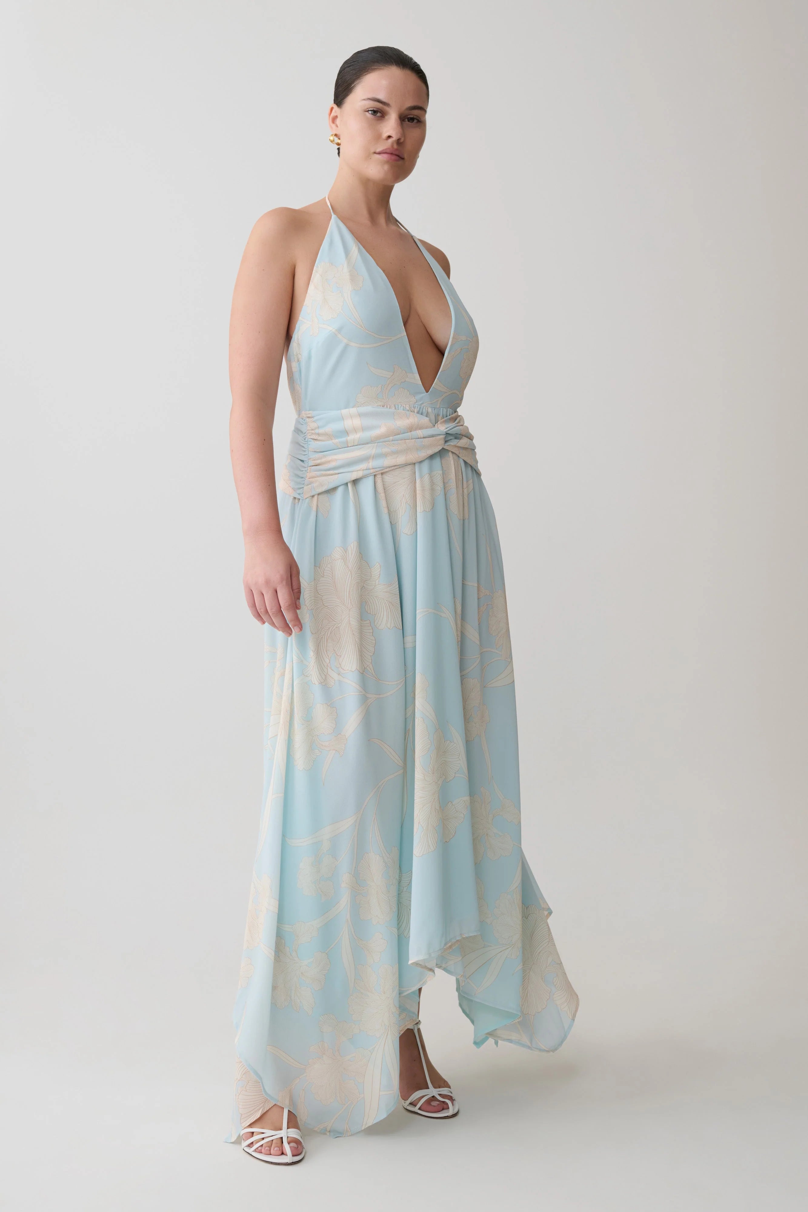 Cyra Plunge Chiffon Midi Dress - Blue Floral Print