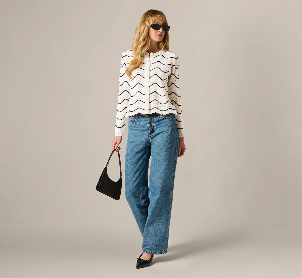 Open Pointelle Scalloped Cardigan Sweater In Glacier Black