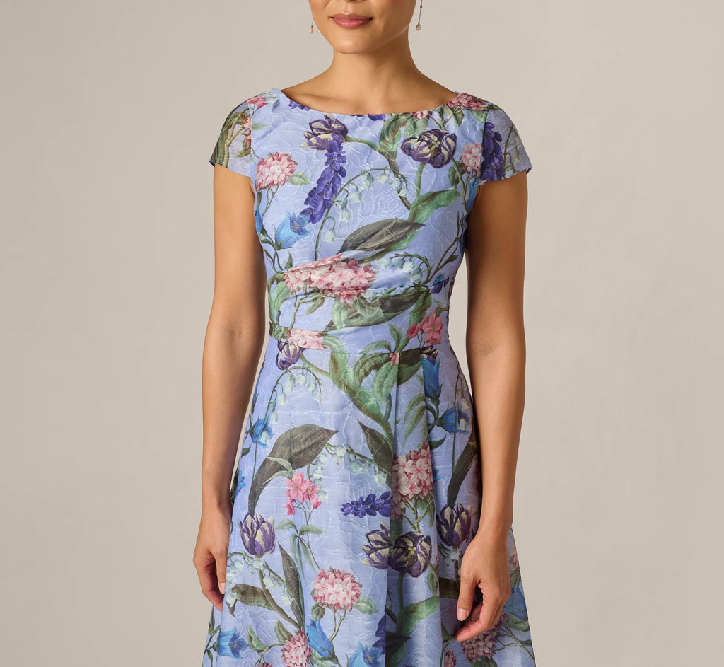 Cap Sleeve Floral Jacquard A Line Midi Dress In Blue Multi