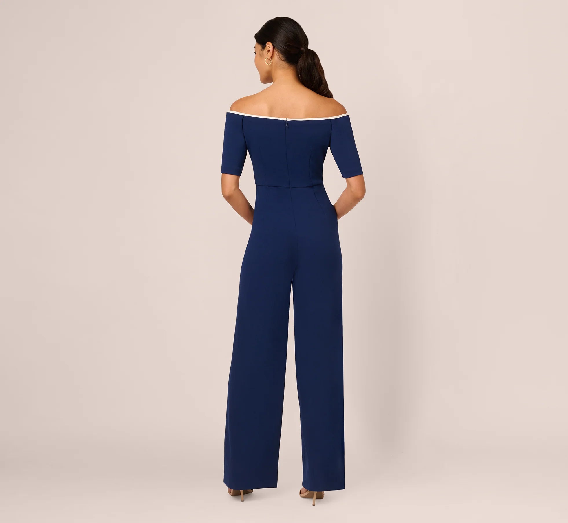Knit Crepe Off-The-Shoulder Jumpsuit In Navy Sateen Ivory