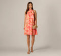 Draped Petal Floral Short Trapeze Dress In Coral Multi