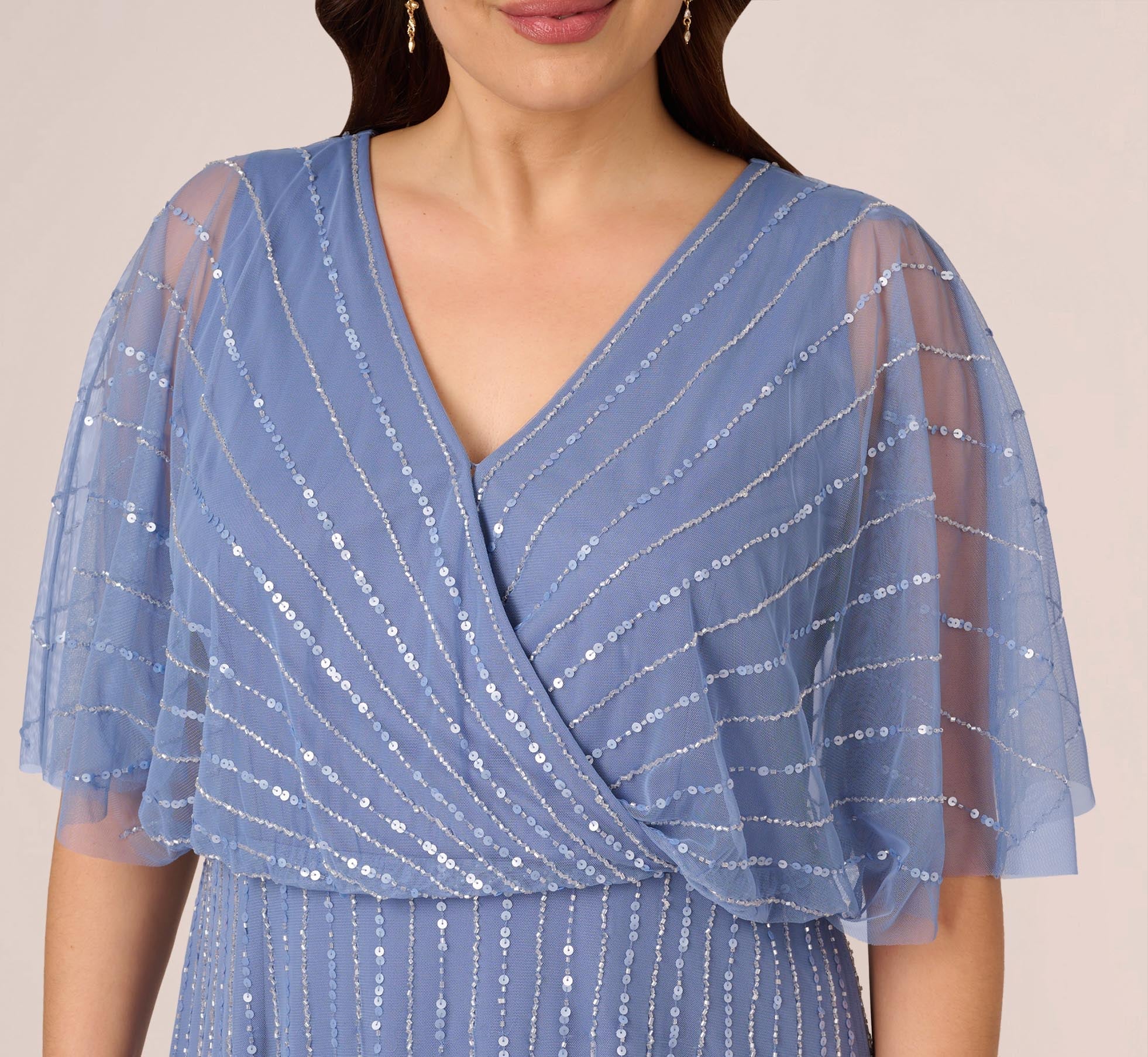 Plus Size Hand Beaded Illusion Faux Wrap Short Cocktail Dress In French Blue