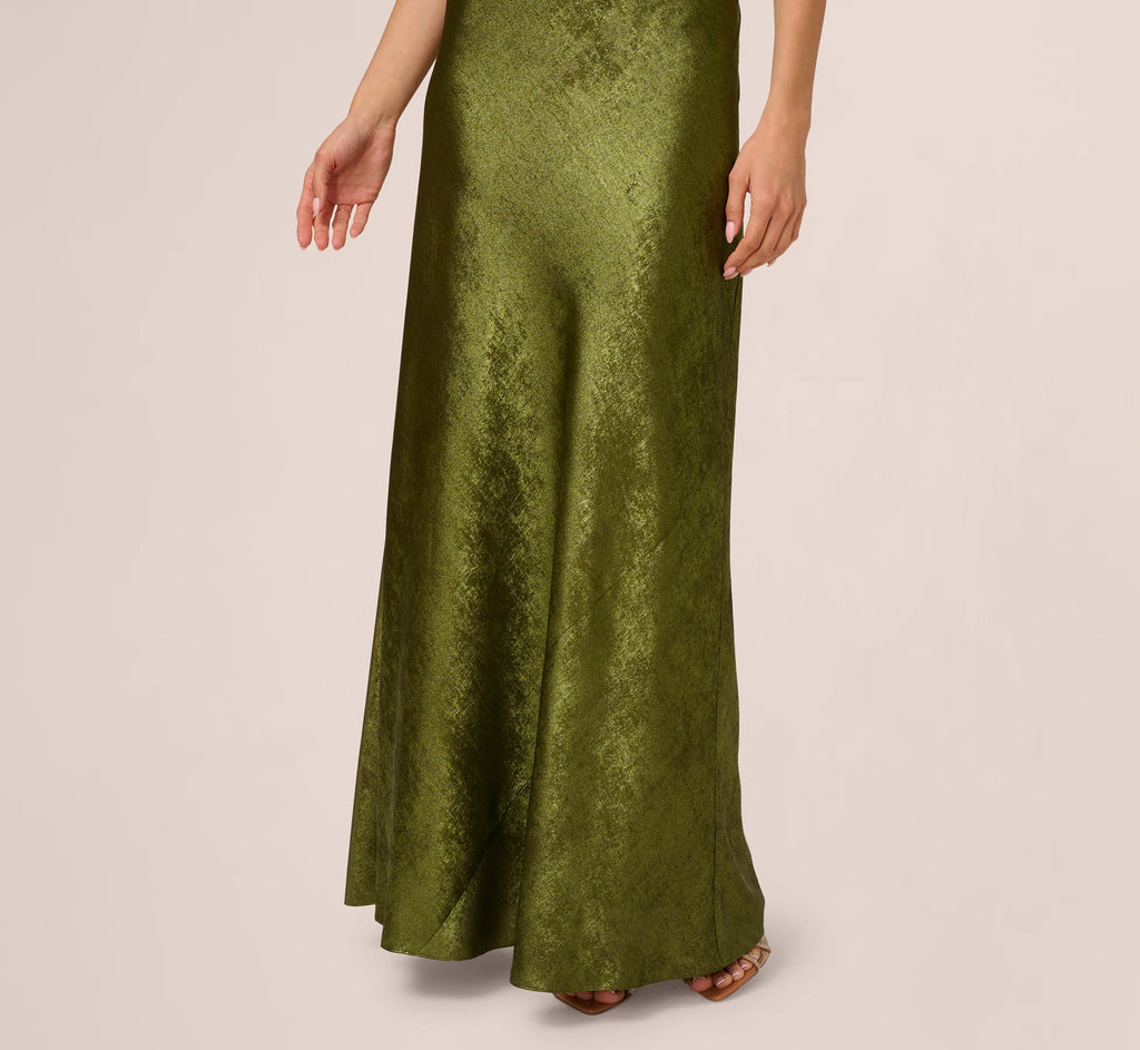 Sleeveless Bias Cut Foil Cowl Gown In Dark Olive