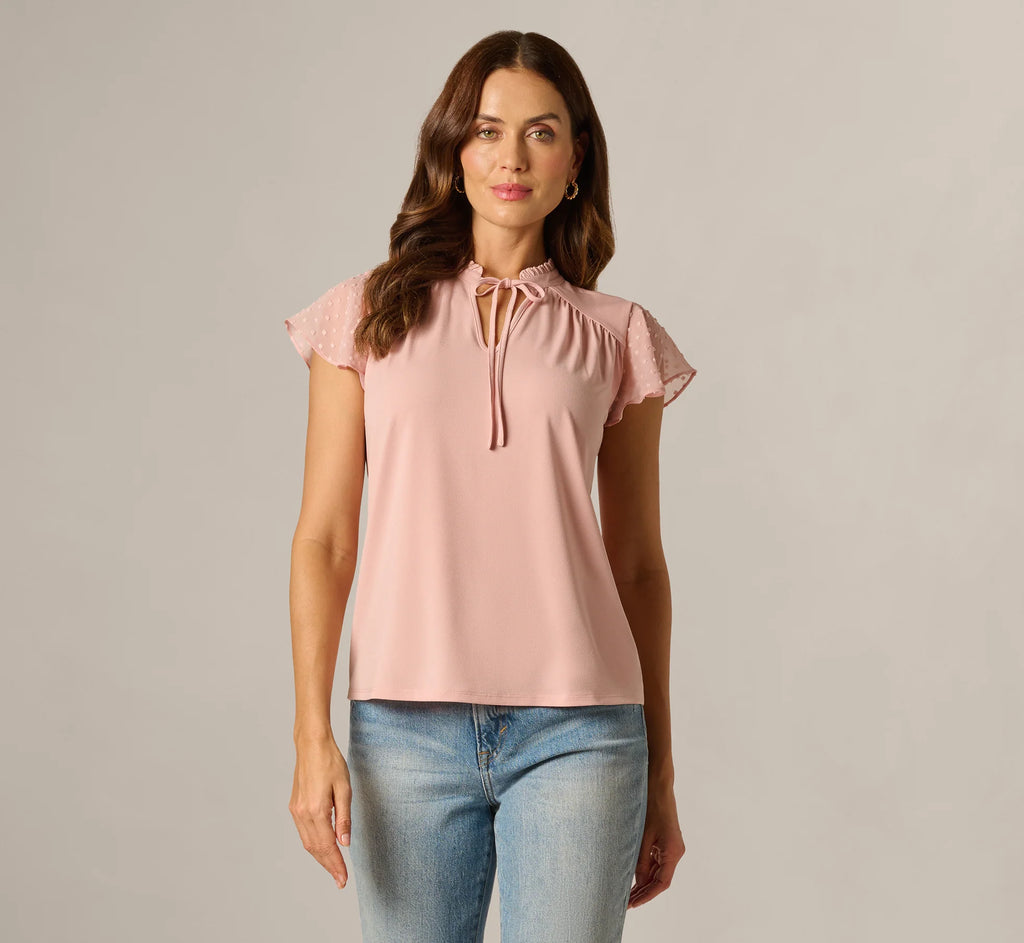 Flutter Sleeve Tie Collar Yoke Top In Rose Dust