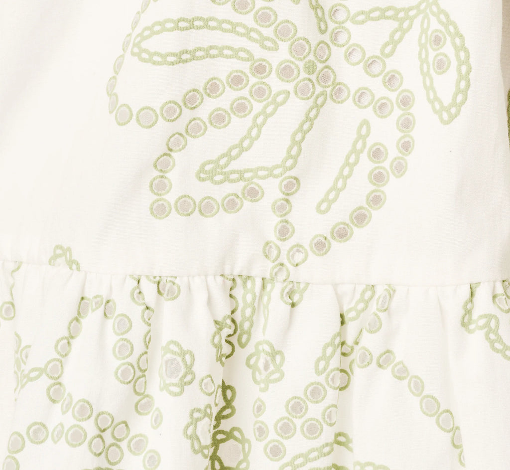 Cotton Floral Eyelet Belted Short Dress In Ivory Sage