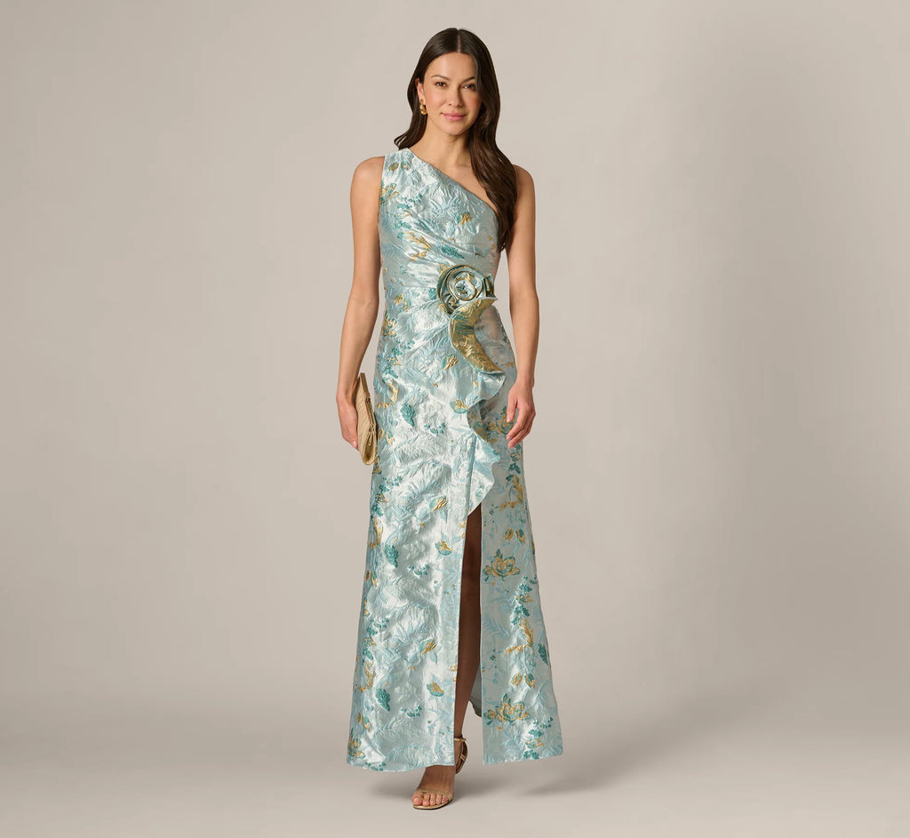 One Shoulder Floral Jacquard Rosette Gown In Blue Multi