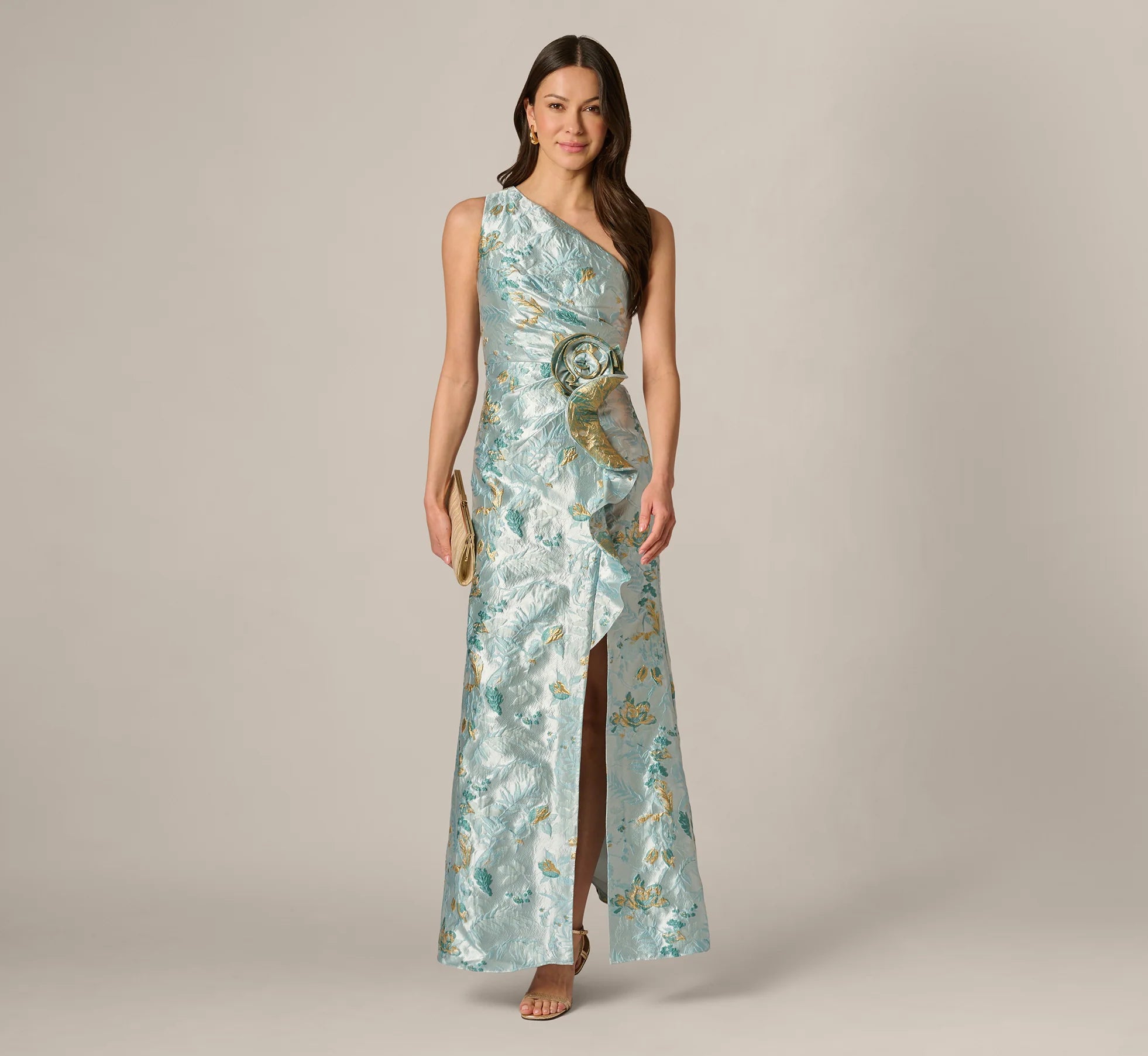 One Shoulder Floral Jacquard Rosette Gown In Blue Multi