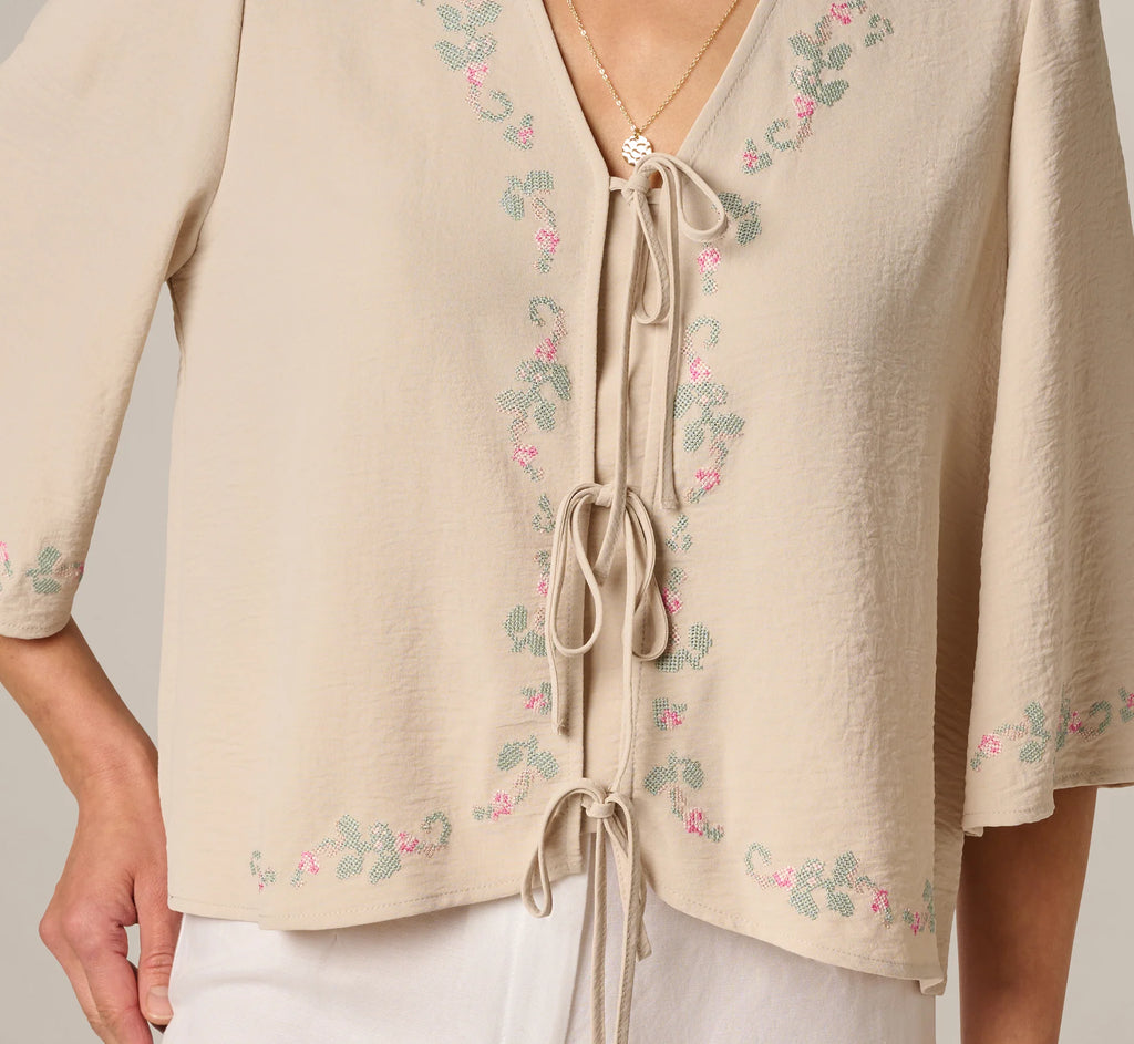 Bell Sleeve Floral Embroidered Tie Front Top In Pebble