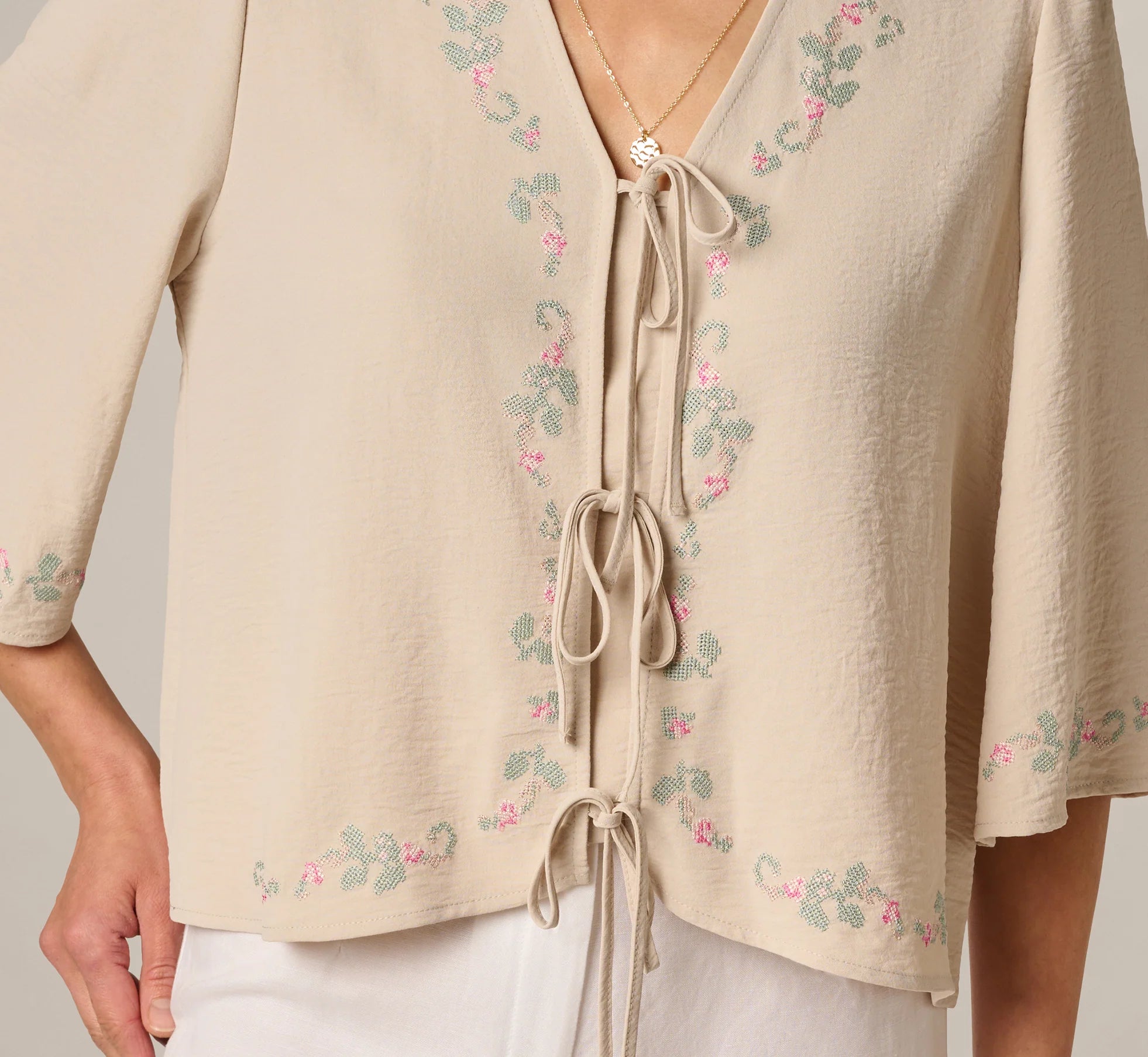 Bell Sleeve Floral Embroidered Tie Front Top In Pebble