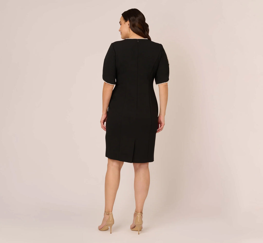 Plus Size Crepe Midi Length Sheath Dress With Pearly Trim In Black