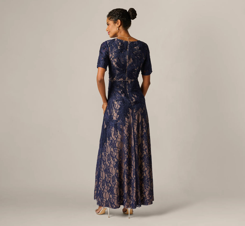 Short Sleeve Lace Soutache Embroidery Gown In Navy Nude