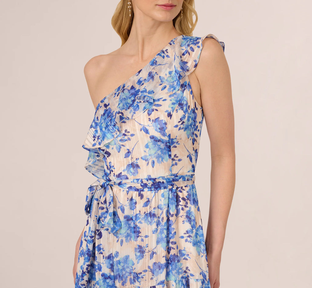One Shoulder Metallic Stripe Floral Maxi Dress In Champagne Blue Multi