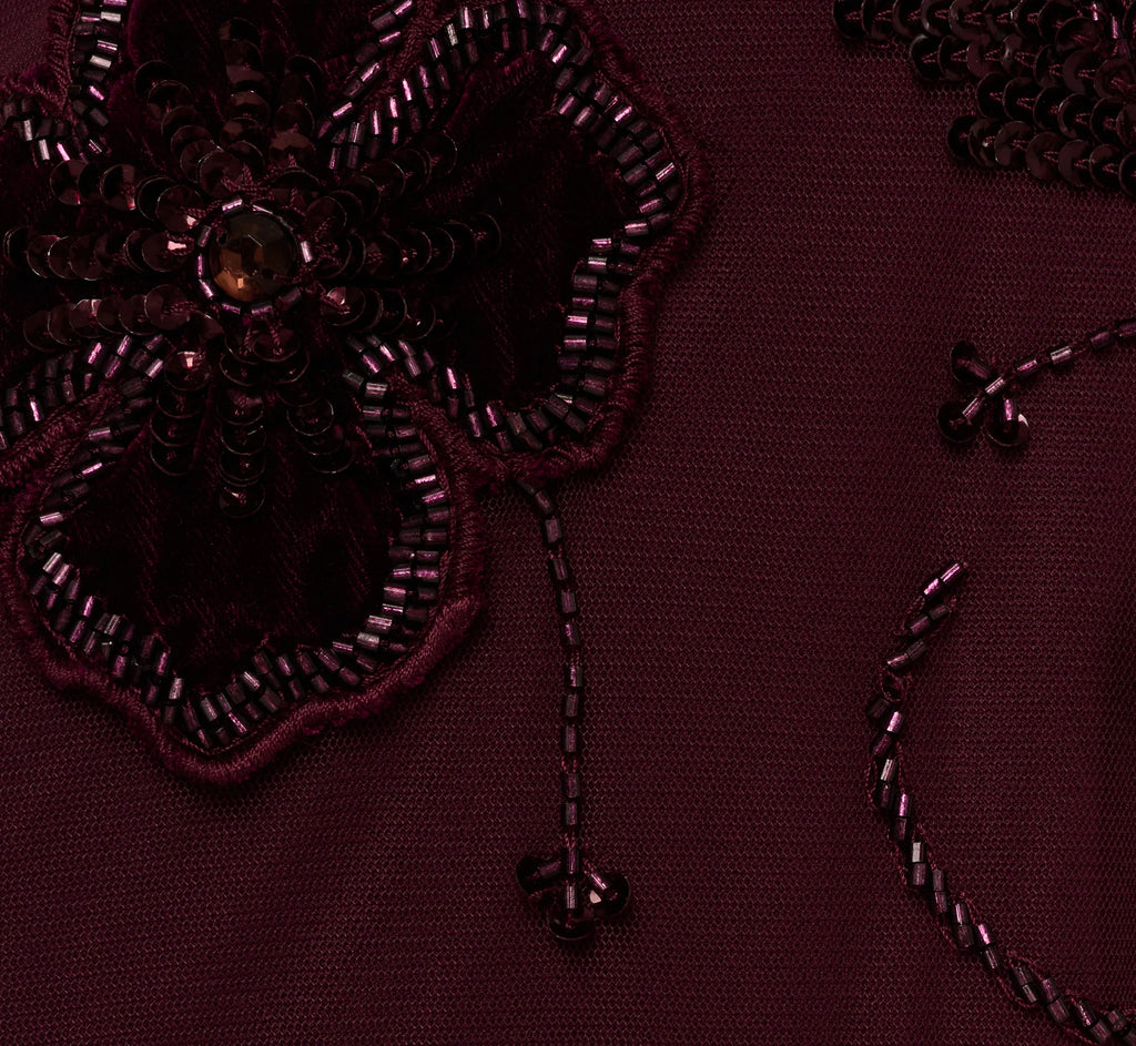Sleeveless Velvet Beaded Floral Gown In Night Plum