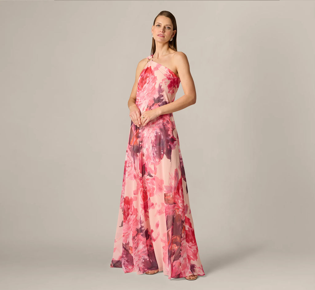 One Shoulder Peony Floral Chiffon Scarf Gown In Pink Multi