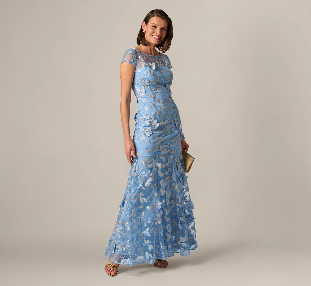 Cap Sleeve Floral Embroidered Illusion Godet Gown In Light Blue Gold