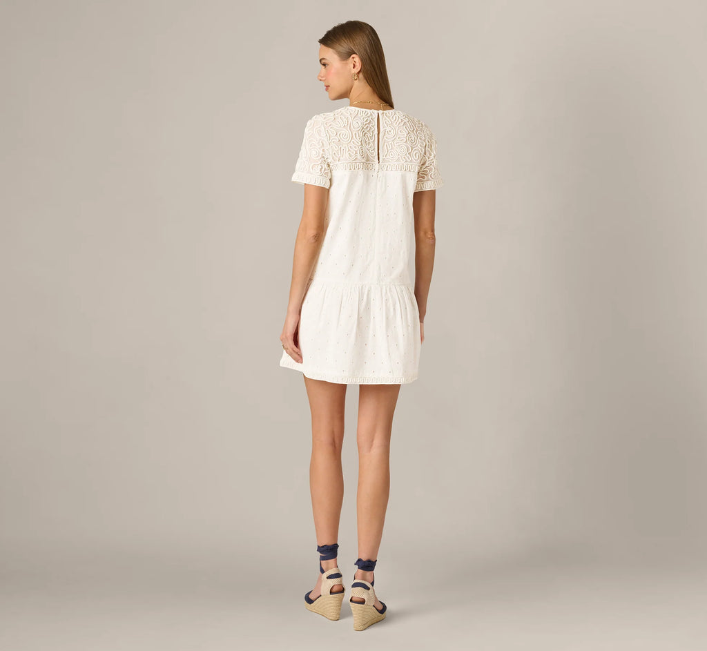 Short Sleeve Drop Waist Cotton Eyelet Shift Dress In Ivory