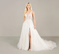 Plunging V Neck With Blush Multi Lace Applique Gown In Ivory Blush Multi