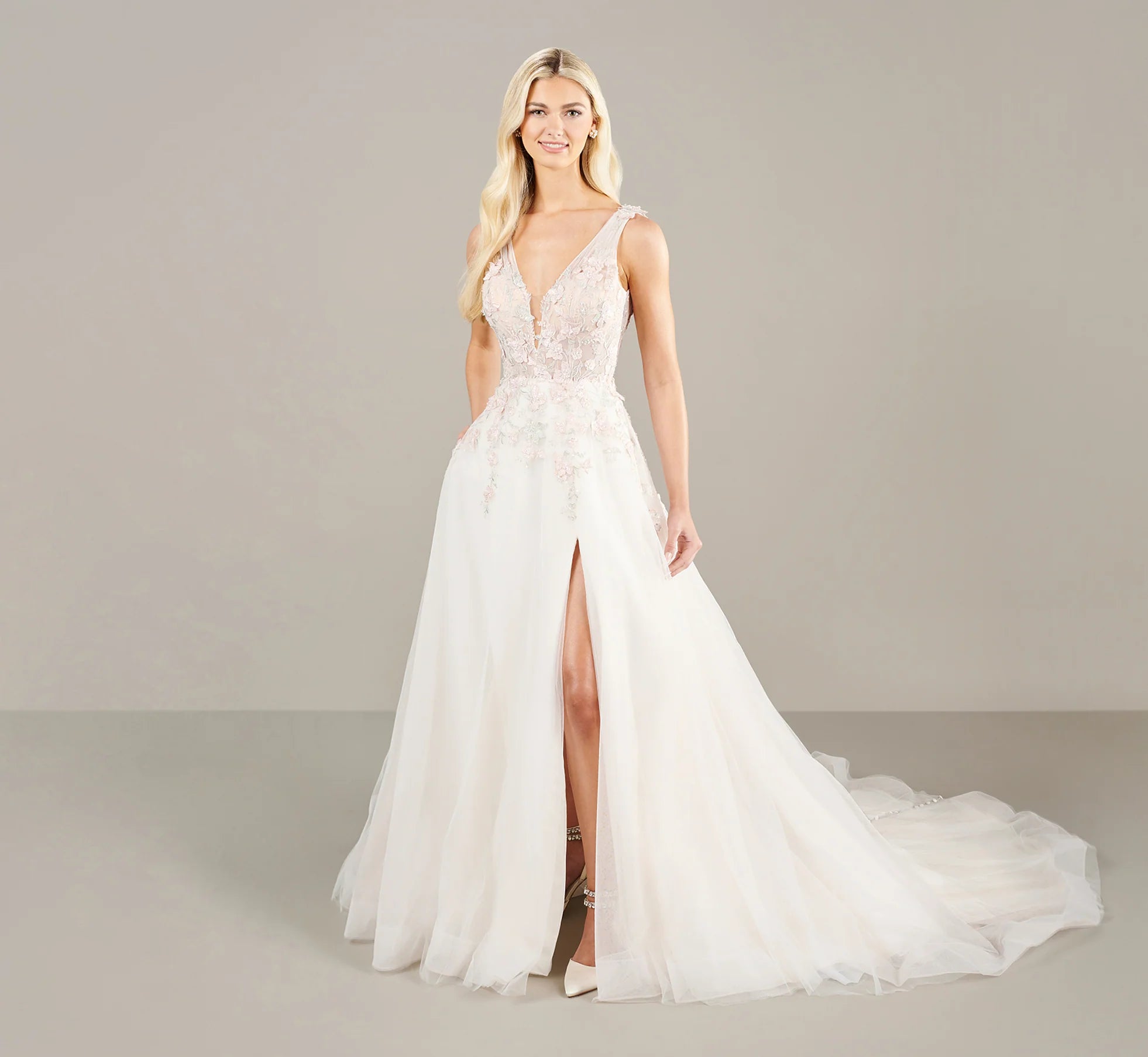 Plunging V Neck With Blush Multi Lace Applique Gown In Ivory Blush Multi