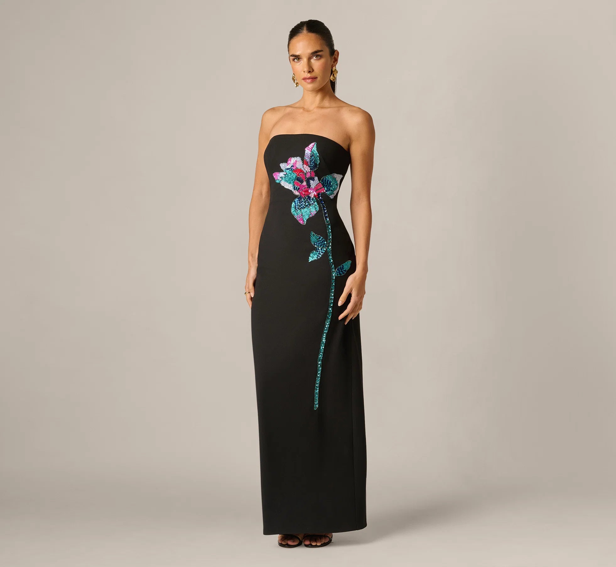 Strapless Beaded Placement Floral Gown In Black Multi