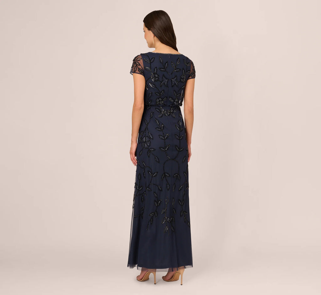 Jasmine Beaded Blouson Gown With Sheer Short Sleeves In Navy Black